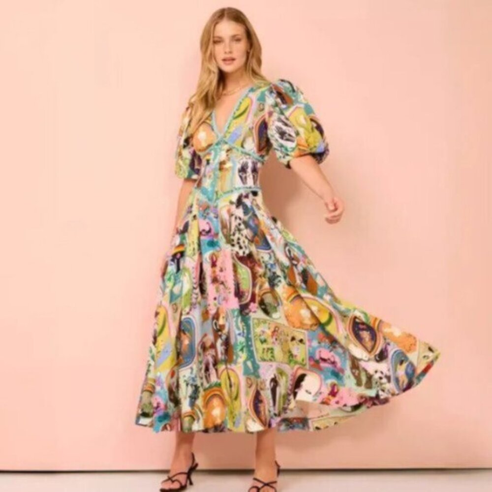 Green Art Puff Sleeve Corset Linen Abstract Floral A- Line Midi Dress XL - Picture 6 of 16
